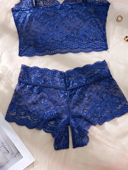 Women Black Open-Back Lace Two-Piece Panties Underwear Sleep Set