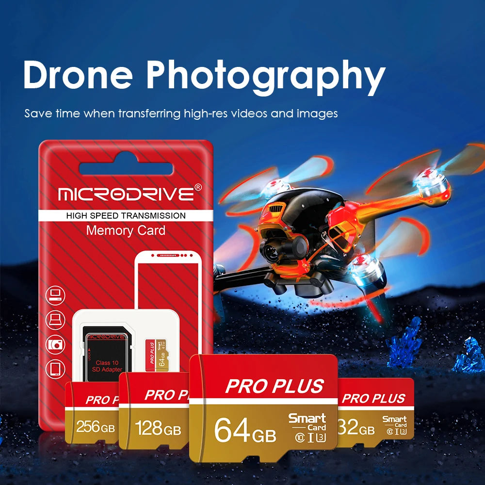 Red Pro High Speed Micro TF SD Card 128GB 256GB Class10 U3 V30 Up to 100MB/s for Camera Drone Driving Recorder Memory Card