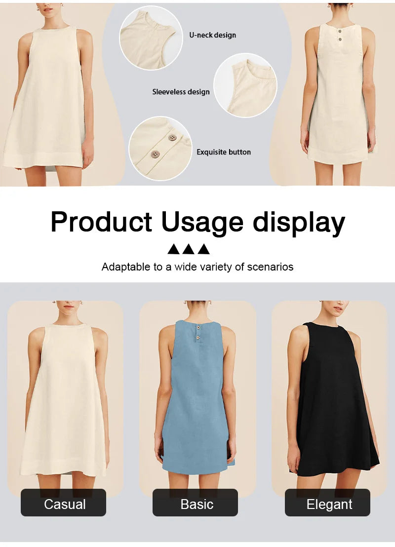 Classic Solid Color Cotton-Linen Women's Dress New Arrival Simple Sleeveless Tank Dress Casual Round-Neck Summer Dresses