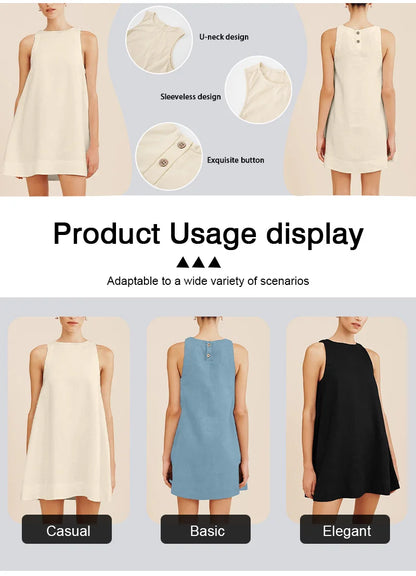 Classic Solid Color Cotton-Linen Women's Dress New Arrival Simple Sleeveless Tank Dress Casual Round-Neck Summer Dresses