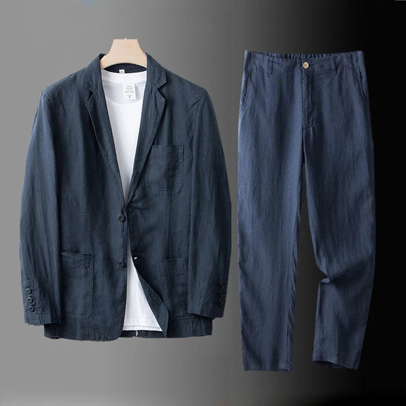 High Quality Men Blazer Jacket and Pants Man Linen Blazer  2 Piece Suit Spring Summer Thin Style Fashion Casual Set Long Sleeve
