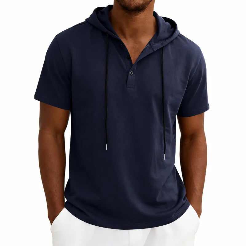 Summer Men's Short Sleeve Hooded T-Shirt Henry Neckline Drawstring Design Casual Loose Breathable Sporty Vest