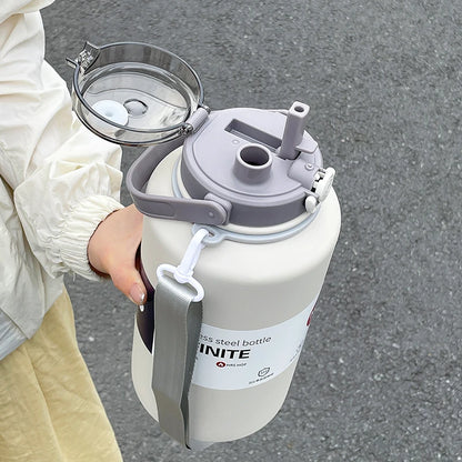 1pc 2000ml Large Capacity Stainless Steel Thermos Mug, Insulated Water Bottle with Handle & Straw, Leakproof Sports Water Jug fo