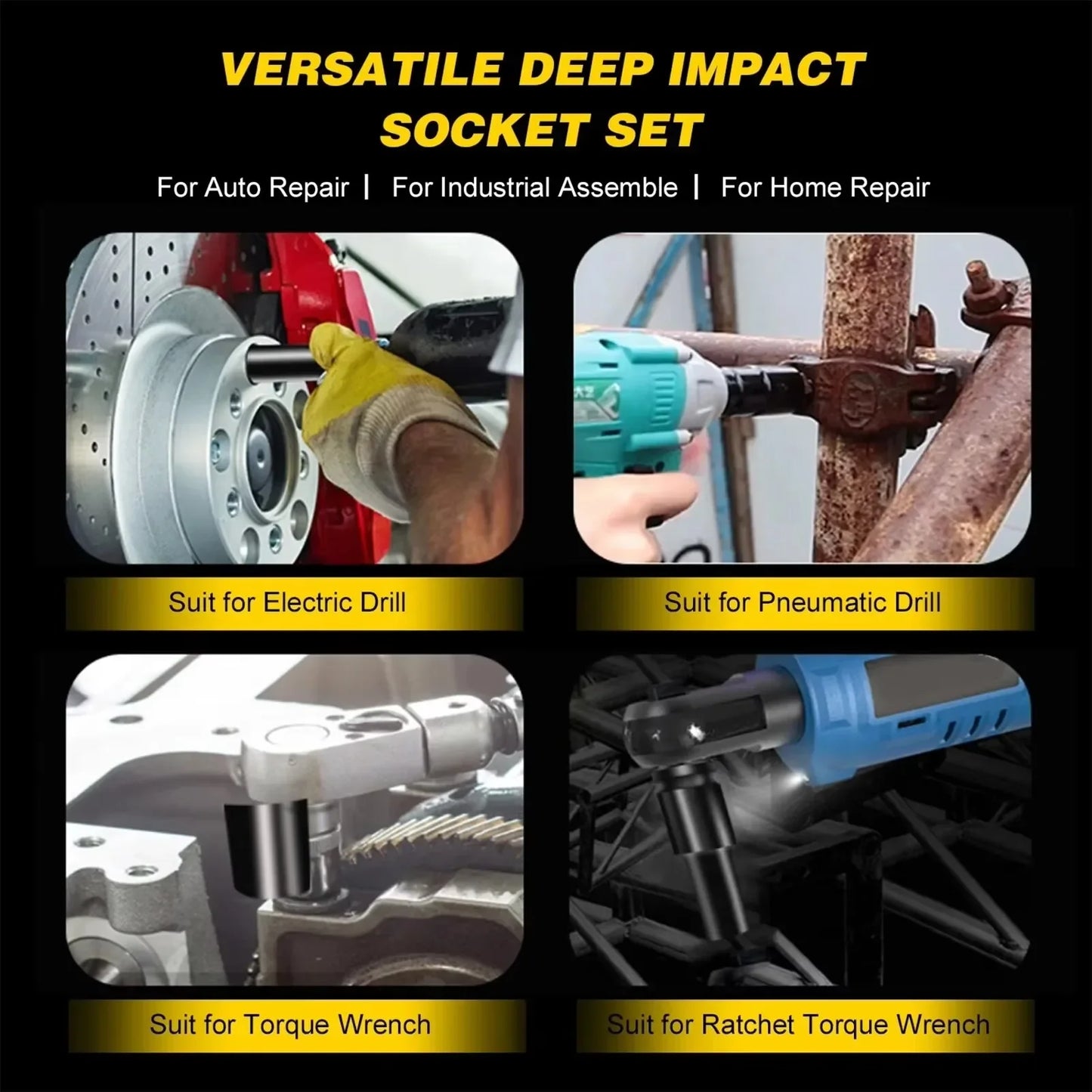 10pcs 1/2 Drive Metric Impact Socket Set Universal Deep Socket Wrench for Air Pneumatic Repair Tools