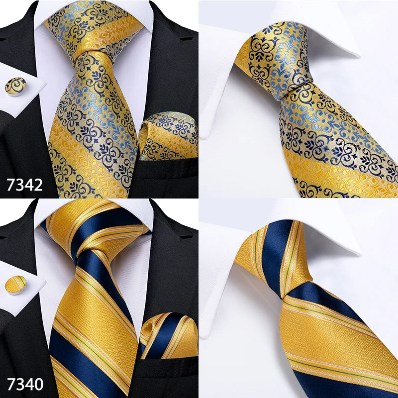 Fashion Men Tie Luxury Gold Black Dot Striped Paisley Silk Wedding Tie For Men DiBanGu Designer Hanky Cufflinks Gift Tie Set