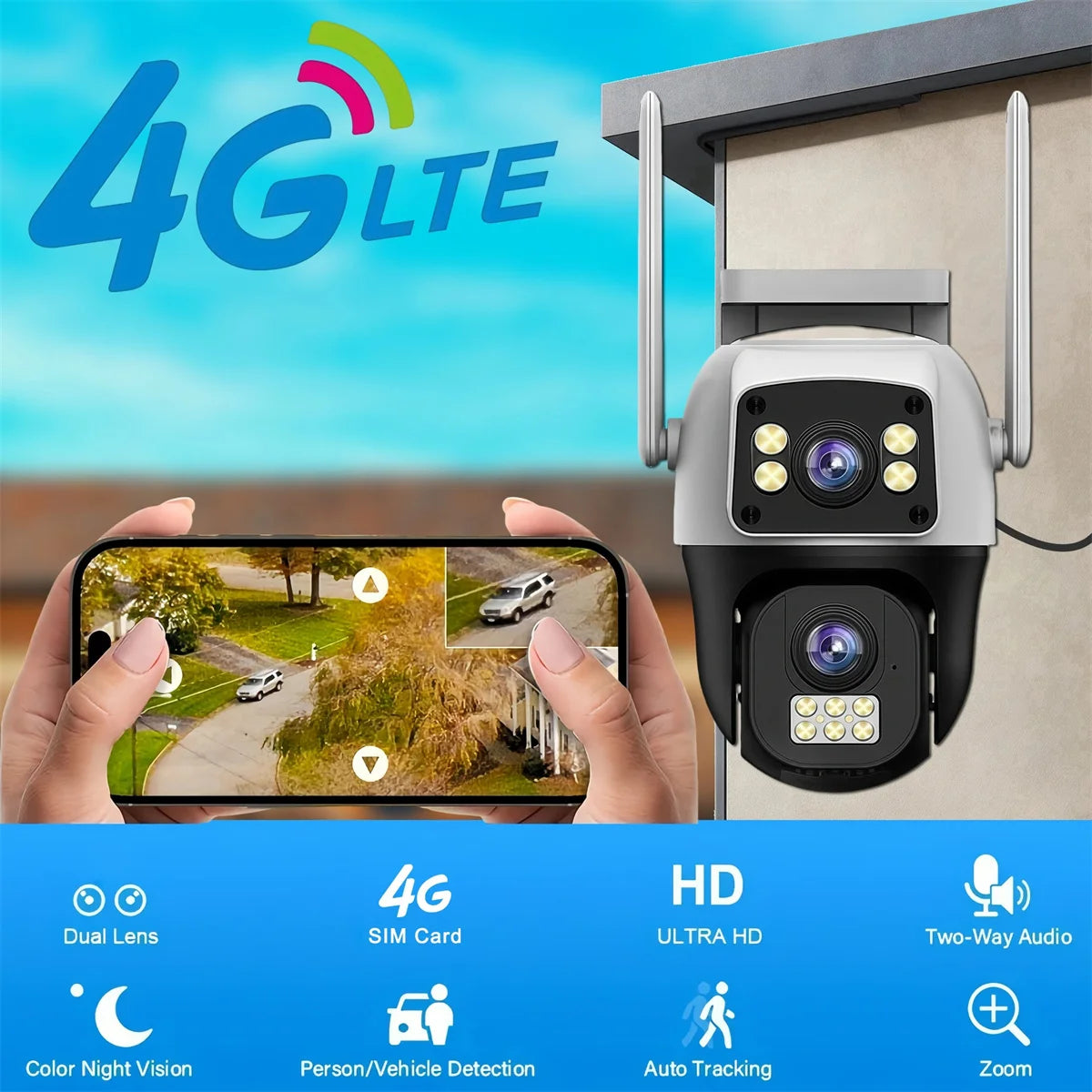 8MP 4G Camera Dual Lens Dual Screen Wireless WiFi Outdoor Surveillance Two-way Audio  Auto Tracking CCTV Cameras PTZ IP Cameras