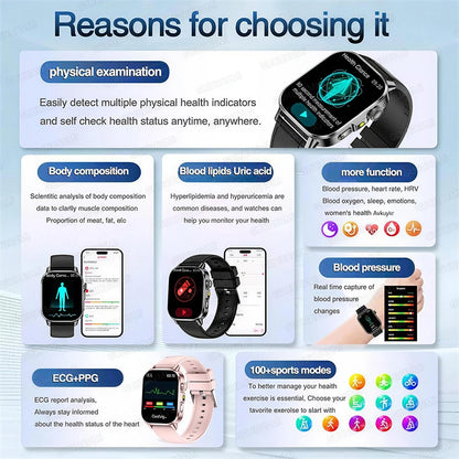2026 New Accurate Diagnosis Smart Watch ECG Blood oxygen BP Uric acid Lipids Health HD AMOLED Screen call Smart watch Men Women