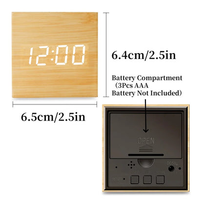 Voice Control  Wooden Digital Alarm Clock TEMP Date 3 Alarms Desktop Electronic Table Clock 12/24H USB Powered LED Bedside Clock