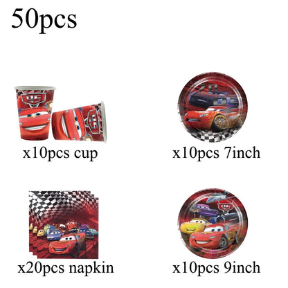 Cars Lightning McQueen Birthday Tableware Set Paper Cups Plates Tablecloth Napkins Banner Gift Bags Festive Event Essentials