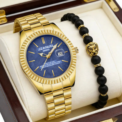 Luxury men's steel band watch calendar embossed atmosphere trend gold business quartz watch 2-piece set lion bracelet watch