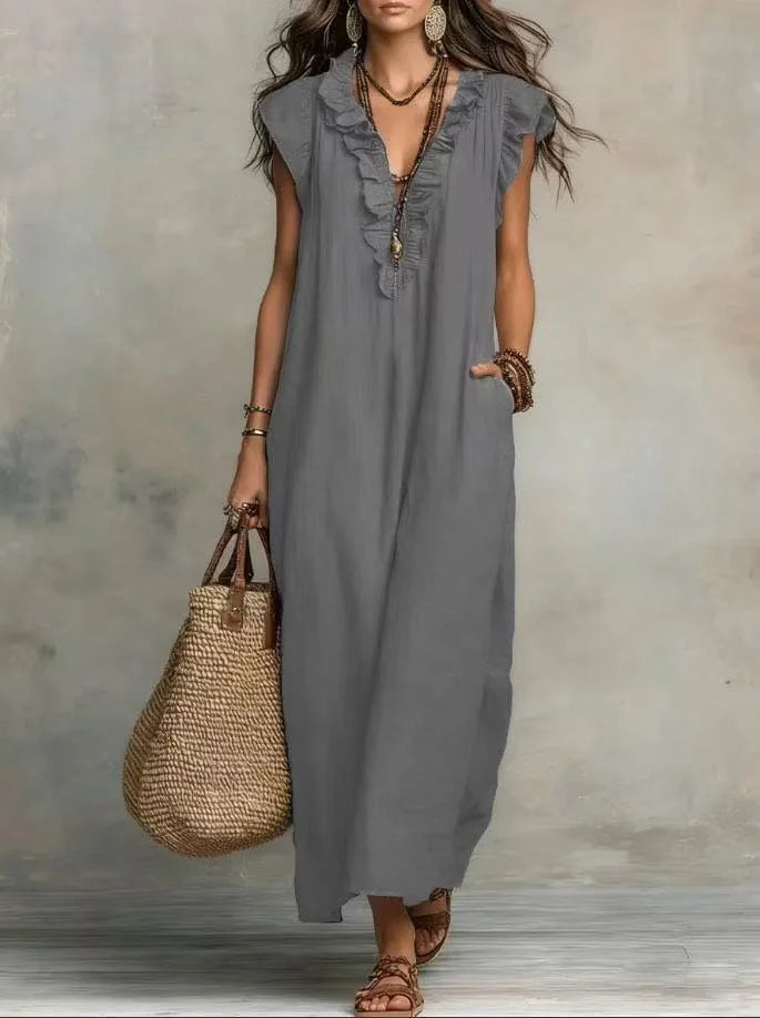 2026 Summer Women Boho Cotton Linen Maxi Dress Solid Color Ruffle V Neck Sleeveless Loose Long Dresses With Pockets Casual Beach