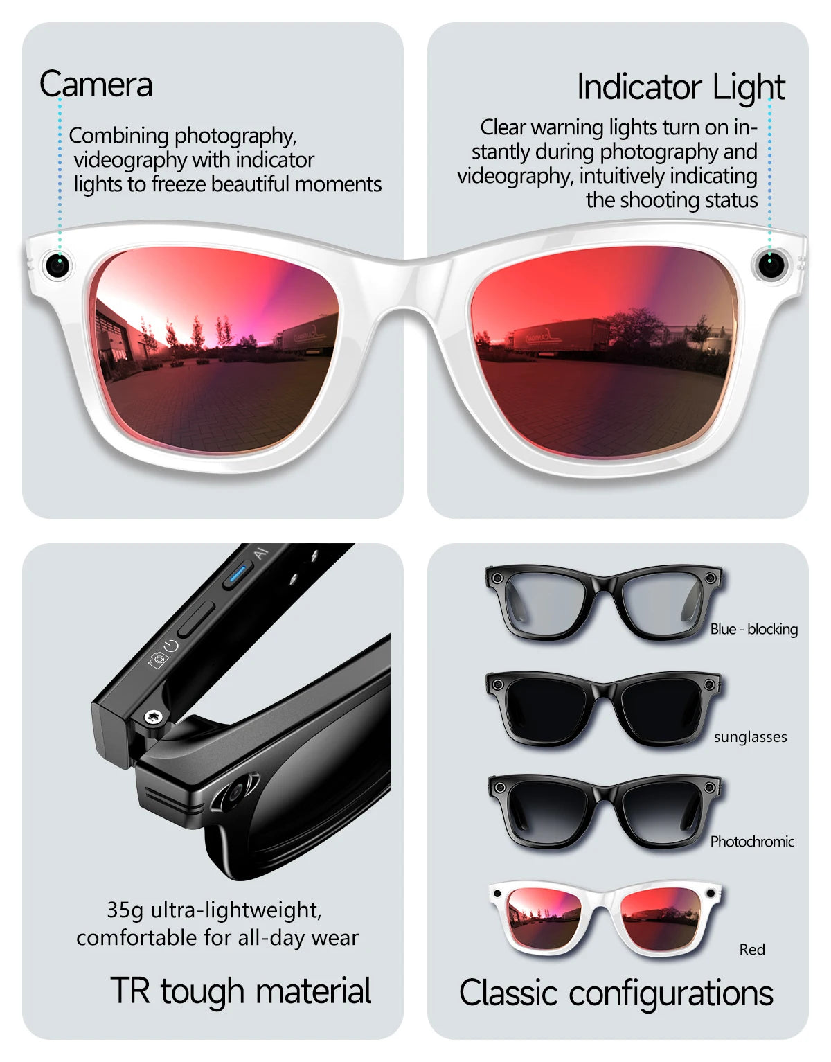 New Leisure Camera Smart Glasses 800W 32GB Memory AI Translation Voice Assistant Video Recording Men Anti Blue Light Sunglasses