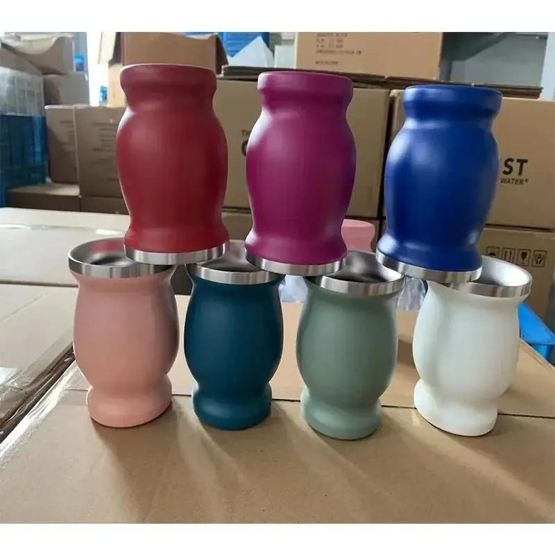230ML Mate Cup 304 Stainless Steel Double Wall 8oz Portable Tea Mug Mate Tea Gourd With 2 In 1 Straw Spoon Give Cleaning Brush
