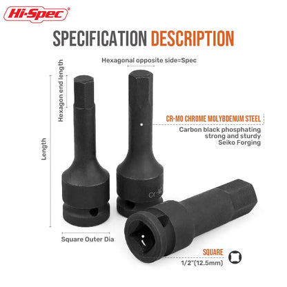 Hi-Spec 1/2" Drive Impact Hex Bit Socket Heavy Duty Cr-Mo Steel Metric Allen Head Adapter Professional Impact Grade Tool