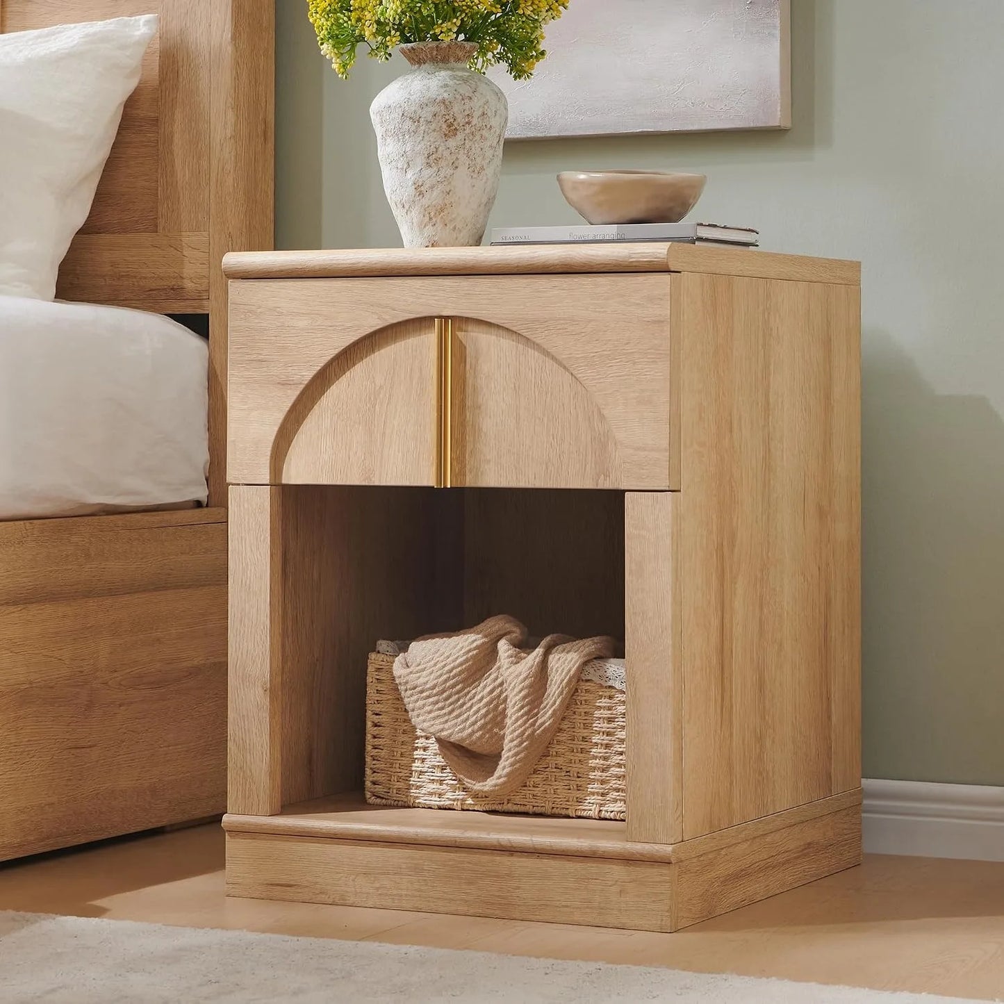 18Inch Modern Natural Oak Nightstand With Arched Panel Charging Station & Drawer Bedroom Bedside Side End Table, Customized