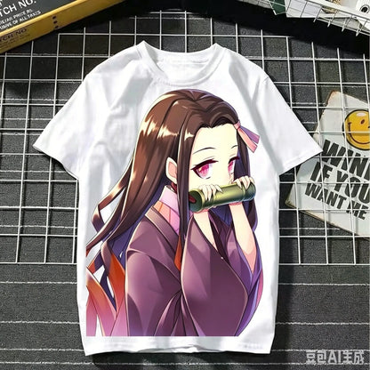 2026 Summer Demon Slayer Nezuko Cherry Blossom Butterfly Print Cotton T-Shirt Adult Kids Casual Loose Breathable Anime Tops Y2k