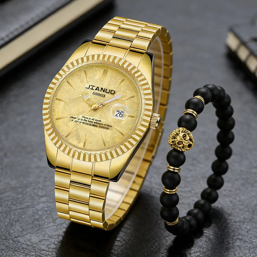 Luxury men's steel band watch calendar embossed atmosphere trend gold business quartz watch 2-piece set lion bracelet watch
