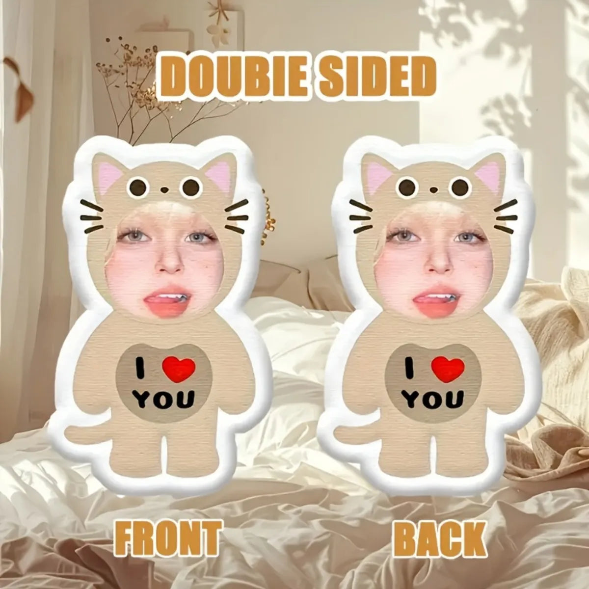 Personalized photo plush pillow - Custom beige cat-shaped gift with your photo, a must-have gift for giving
