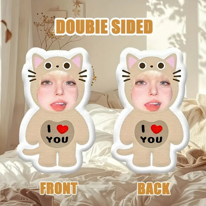 Personalized photo plush pillow - Custom beige cat-shaped gift with your photo, a must-have gift for giving