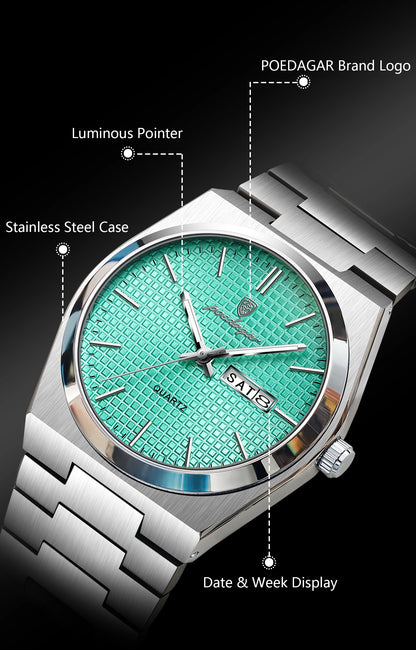 POEDAGAR Trendy Casual Man Watch Luminous Waterproof Stainless Steel Classic Men Wristwatch Date Week Men's Quartz Watches Reloj