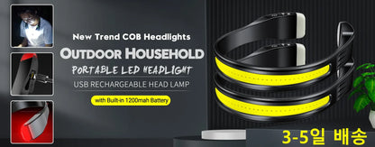 Czołówka USB, ładowalna, indukcyjna, z czujnikiem COB LED, wbudowana bateria, latarka, 5 trybów świecenia, reflektor
