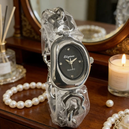 Casual and Fashionable Women's Student Watch, Half-Moon-Shaped Quartz Watch, Simple Chain Bracelet-Style Wristwatch, Versatile for Everyday Use