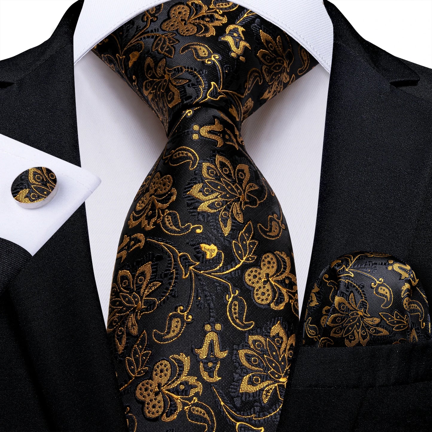 Luxury Black Gold Paisley Striped Floral Silk Men's Tie Set Handkerchief Cufflinks Wedding Party Accessories Groom Gift for Men