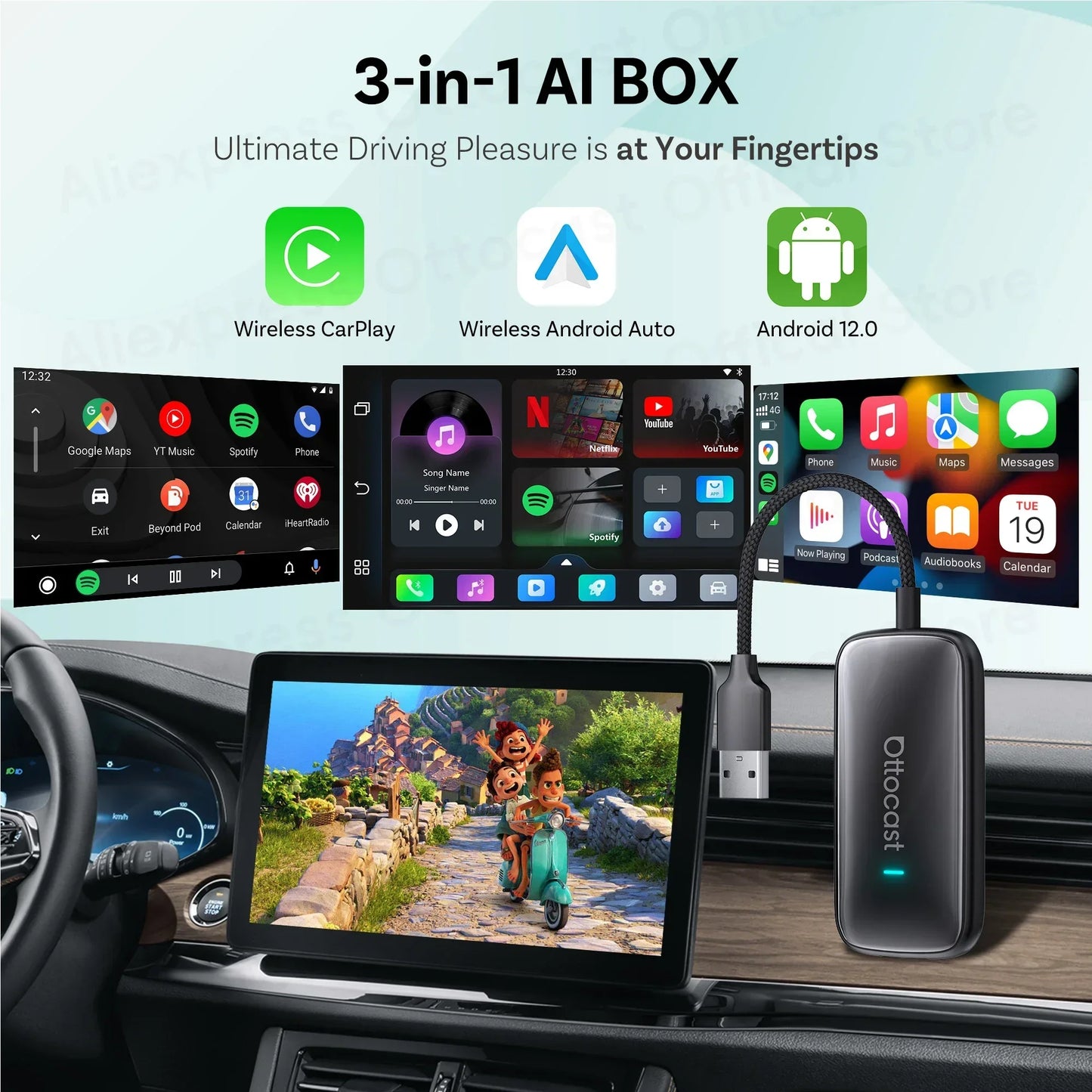 OTTOCAST Play2Video Ultra Wireless CarPlay Android Auto Adapter for Youtube Netflix Car Accessories for Benz Ford VW Kia Toyota