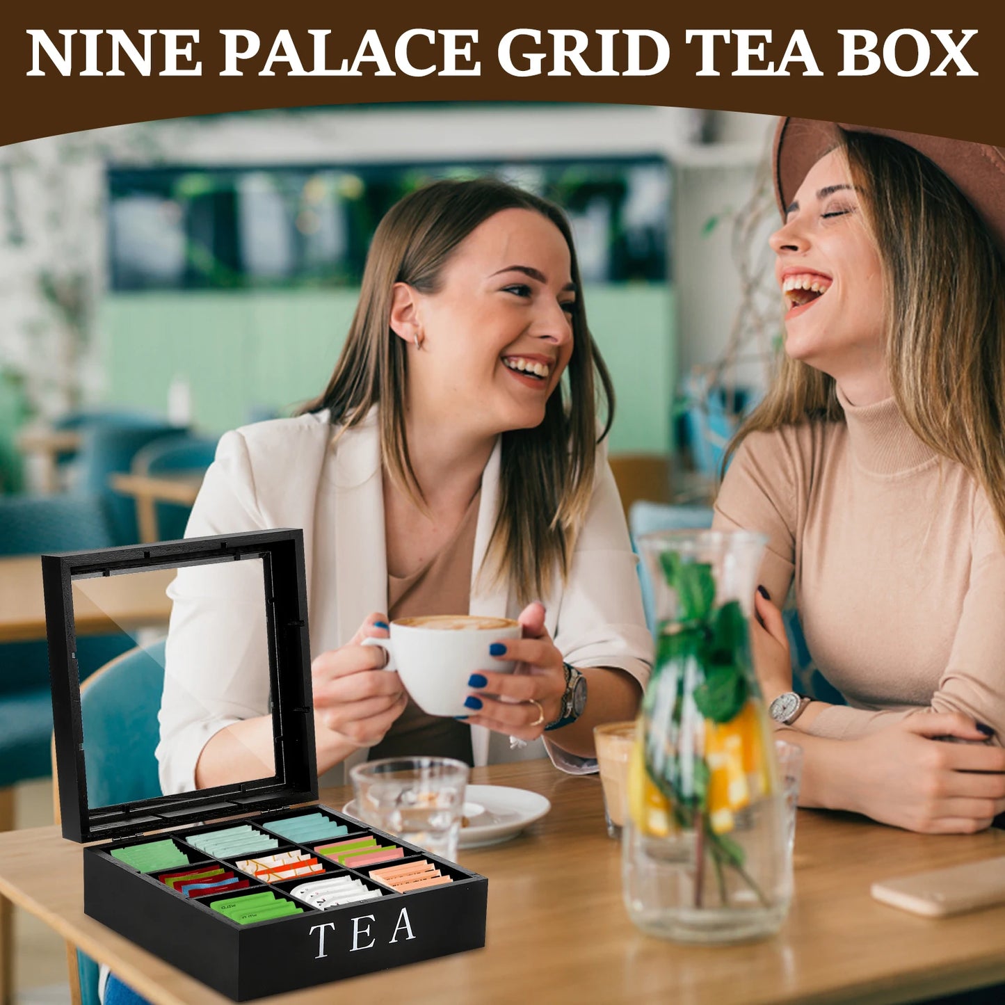 Grids Wooden Tea Bag Holder Sugar Packets Spice Pouches Storage Case Instant Coffee Bag Boxes With Clear Lid Tea Bag Organizer