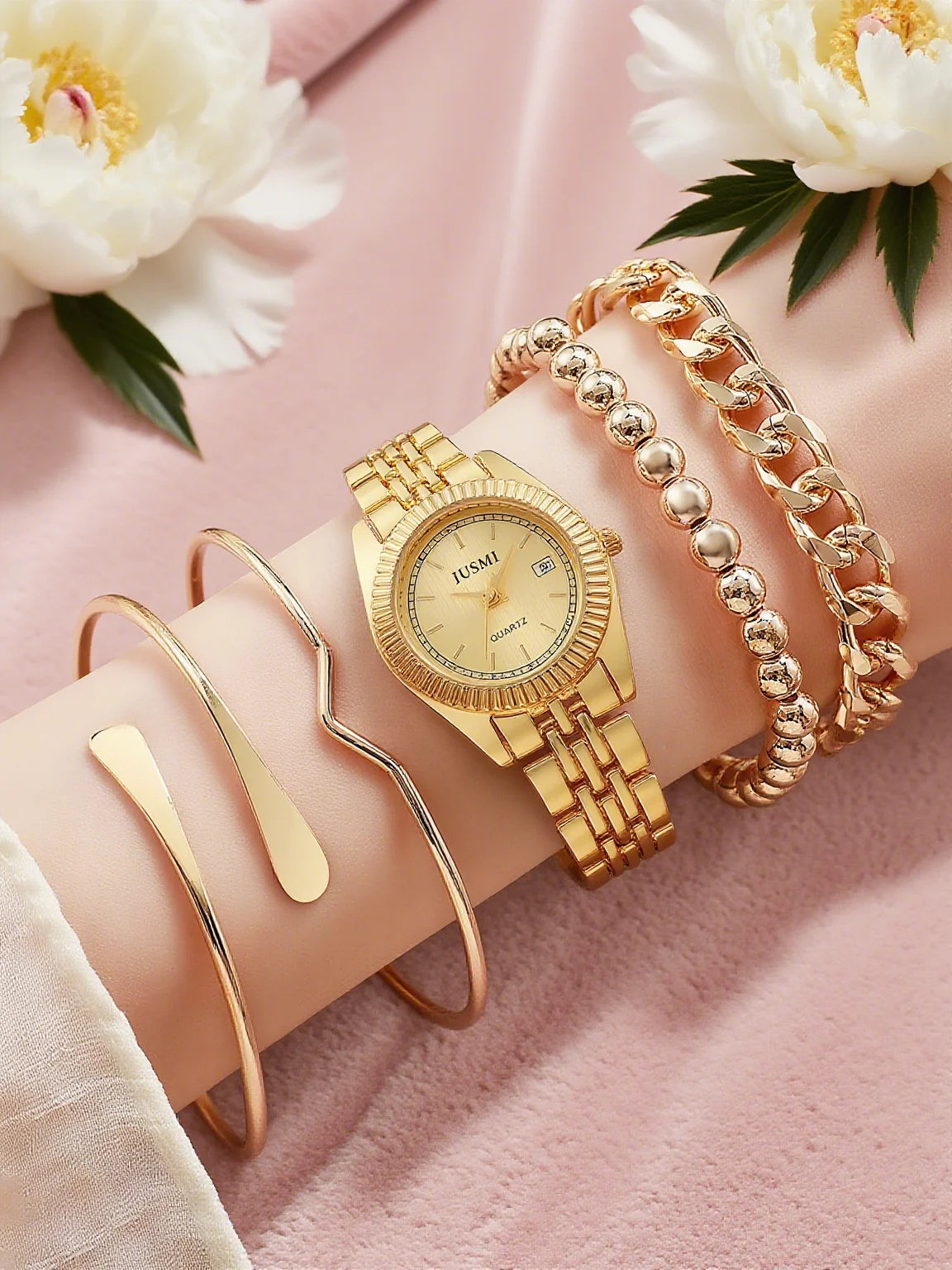 Fashionable Simple Light Luxury Round Dial Steel Band No Number Women's Quartz Watch Jewelry Set of 5, Suitable for Holiday Gift