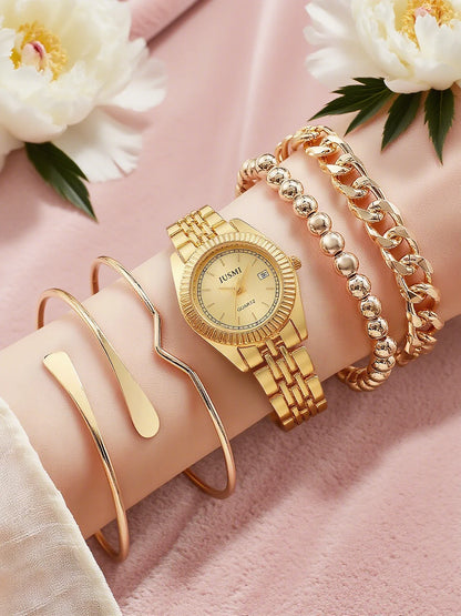 Fashionable Simple Light Luxury Round Dial Steel Band No Number Women's Quartz Watch Jewelry Set of 5, Suitable for Holiday Gift