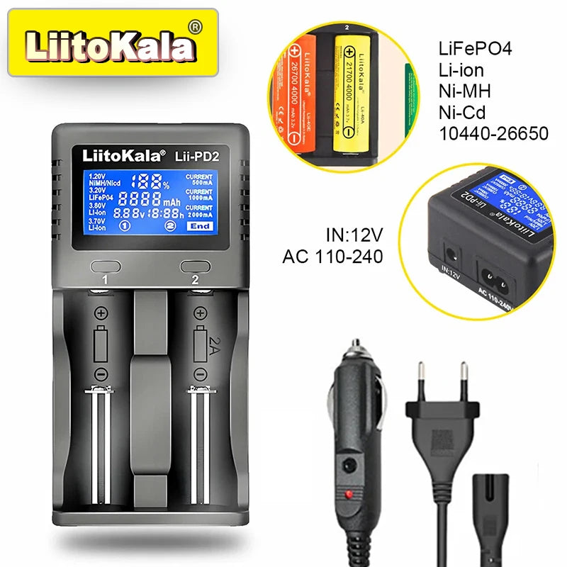 Ładowarka sieciowa LiitoKala Lii-PD4/PD2 LCD, szybkie ładowanie, 4/2 gniazda na akumulatory 21700/18650/AA/AAA, wielokrotne zabezpieczenia, automatyczne wykrywanie