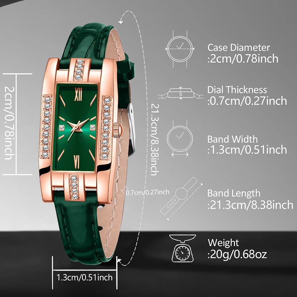 9 Pieces Green Watch for Women Set Fashionable Rectangular Dial Watch Quartz Bracelet Necklace Earrings Set Holiday Gift