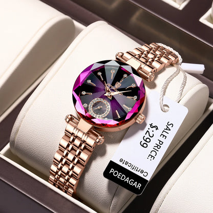 POEDAGAR Luxury Diamond Dial Woman Wristwatch Waterproof Stainless Steel Watch for Ladies Elegant Simple Quartz Women's Watches
