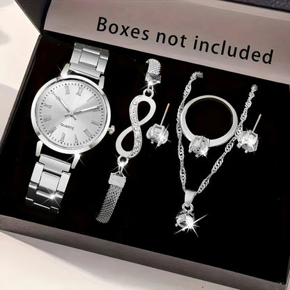 2026 6pcs/set Elegant Women Quartz Watch Fashion Simple Dial Ladies Wristwatch Rhinestone Jewelry Set Reloj Mujer（Without Box）