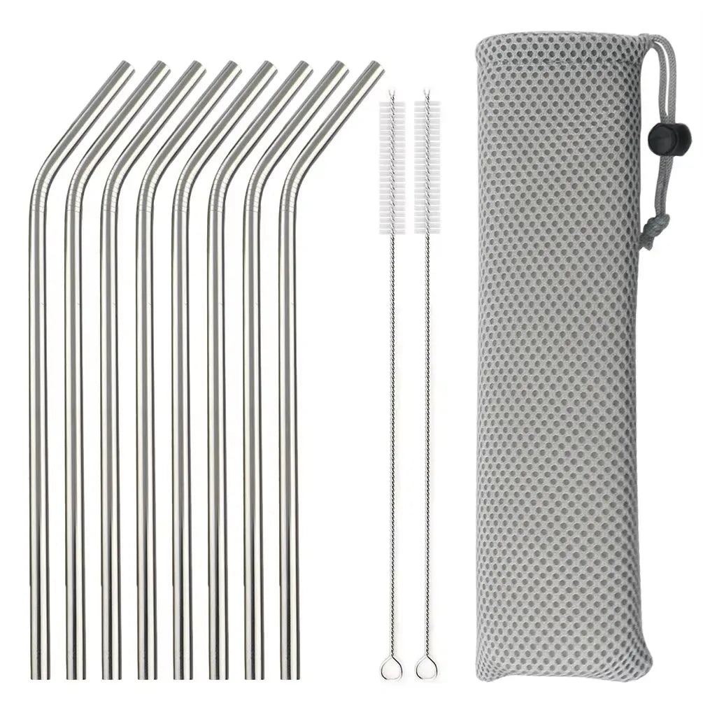 5/10Pcs Reusable Drinking Straw 304 Stainless Steel Straws Straight Bent Metal Straw with Cleaner Brush Pouch Wholesale