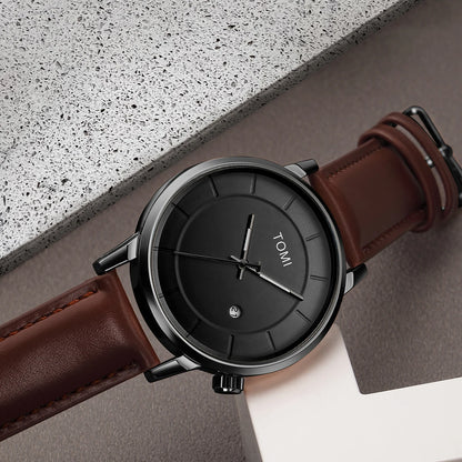 TOMI New 2PCS Casual Fashion Men Watch Gift Box Set Luxury Round Large Dial Calendar Men Quartz Watch Glasses Gift Box