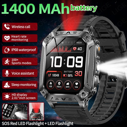 LIGE Wojskowy Inteligentny Zegarek 2.01'' Ekran HD Outdoor Sportowy Męski Zegarek SOS Czerwony Alarm Migająca Latarka Monitor Zdrowia Smartwatch