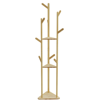 Bamboo Corner Tree Coat Rack Stand with Hooks And Shelves Clothes Hanger for Entryway Bedroom Organization