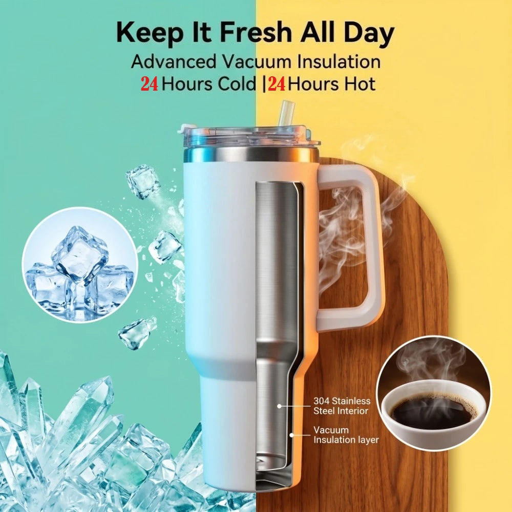 1200ML Stainless Steel Thermos Cup with Straw & Handle Ice Coffee Drink Vacuum Insulated Cup Car Travel Gym Outdoor Water Bottle