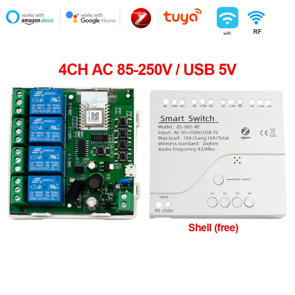 Tuya Zigbee Relay 4CH Smart Home Switch Module APP Remote Control Wireless Radio RF 433 4 Channel Relay for Zigbee Gateway Hub