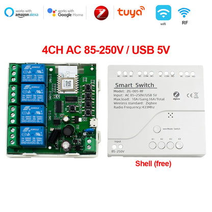 Tuya Zigbee Relay 4CH Smart Home Switch Module APP Remote Control Wireless Radio RF 433 4 Channel Relay for Zigbee Gateway Hub