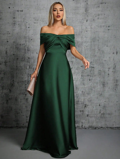 Mgiacy Line neck irregular cross pleated satin gown ball dress Party dress bridesmaid dress