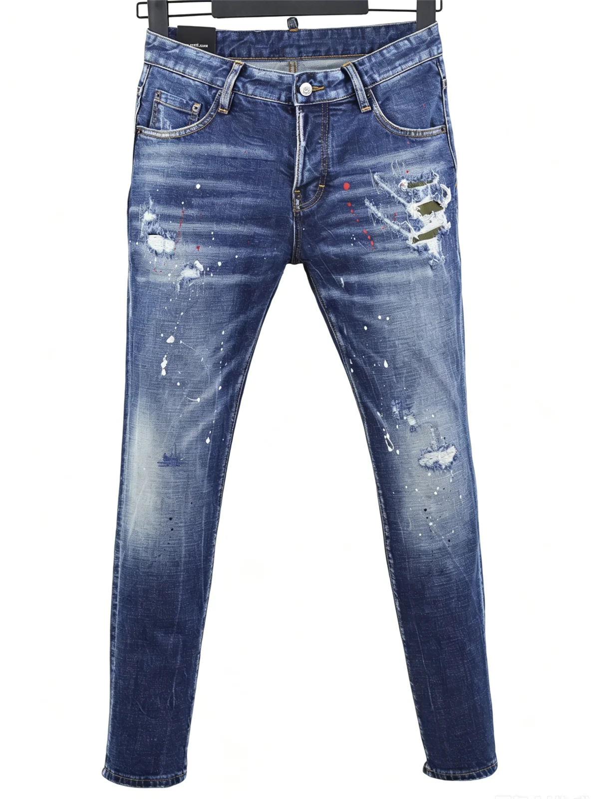 6057 Four Seasons New Men's Wear Washed Ripped Patch Paint Slim-fit Feet Blue Jeans for Men