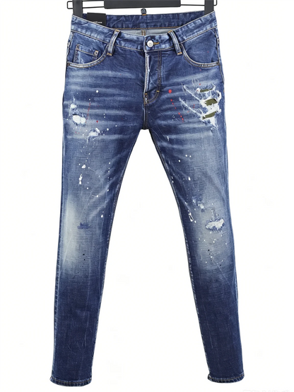6057 Four Seasons New Men's Wear Washed Ripped Patch Paint Slim-fit Feet Blue Jeans for Men