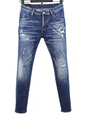 6057 Four Seasons New Men's Wear Washed Ripped Patch Paint Slim-fit Feet Blue Jeans for Men