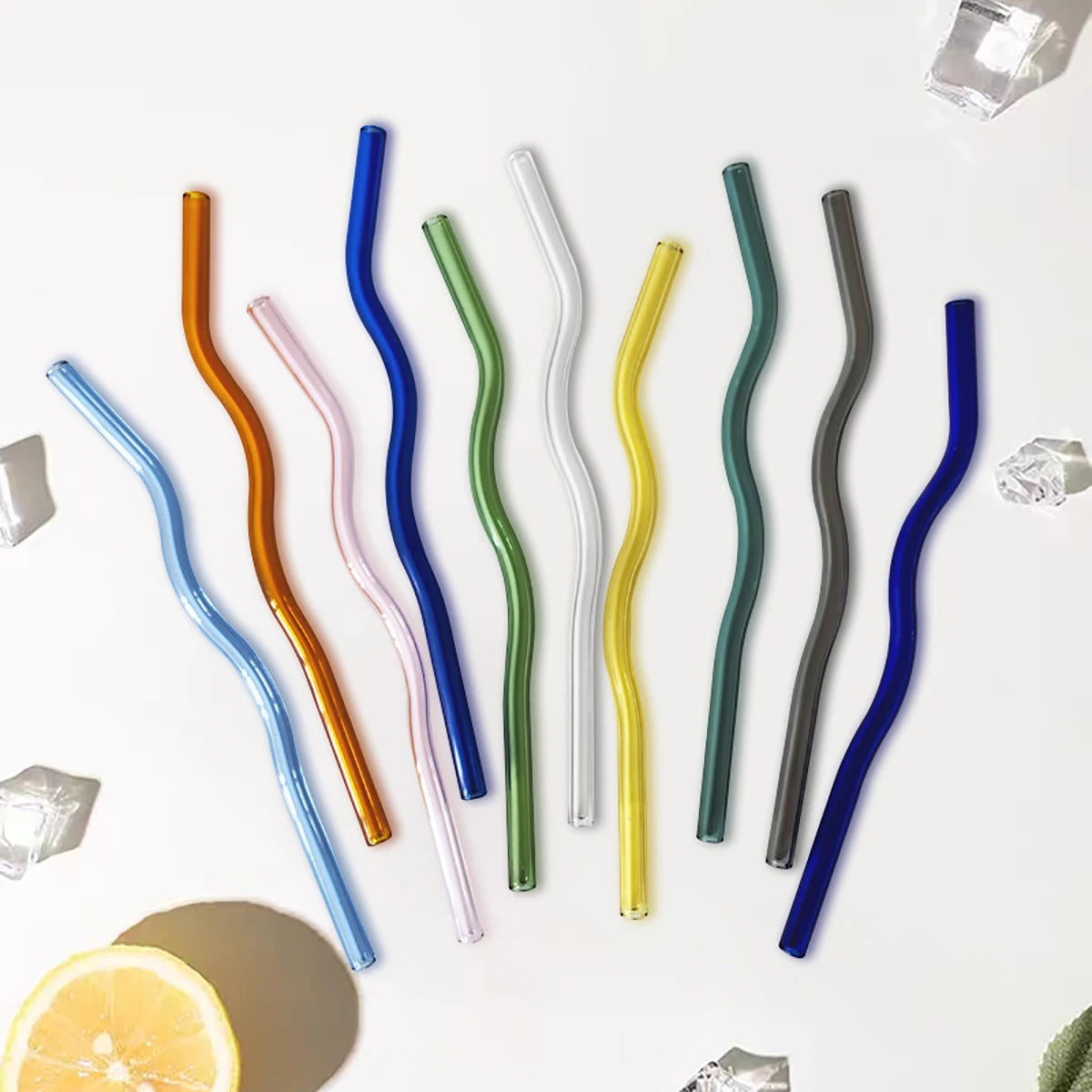 4pcs 200*8mm Glass Straws Wavy Colorful Drinking Straw Set with Brush High Borosilicate Glass Straw Kitchen Party Bar Drinkware