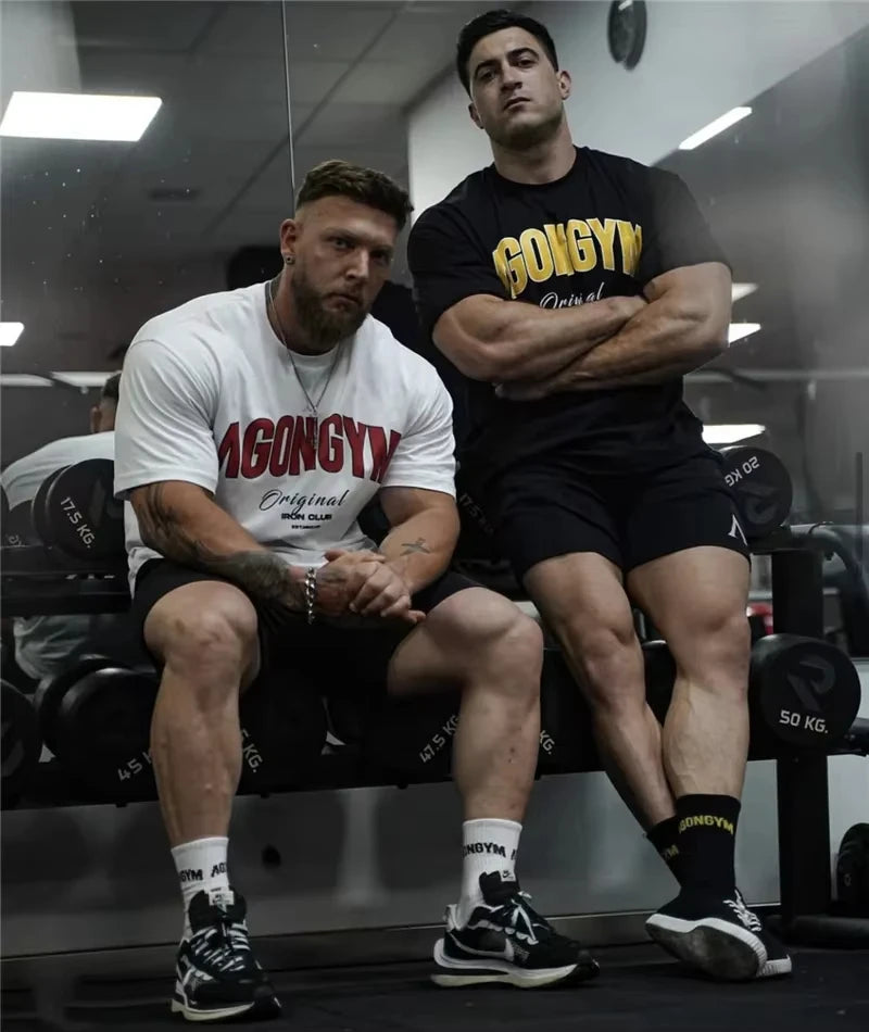 Men's White Oversized Gym T-Shirt, Agongym Bold Letter Graphic Print, Casual Workout Streetwear Tee for Lifting