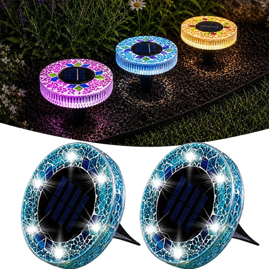 New Mosaic Solar Disk Light, Waterproof Outdoor Glass LED Garden Stake Lighting, Colorful Landscape Yard Decor for Walkway Patio