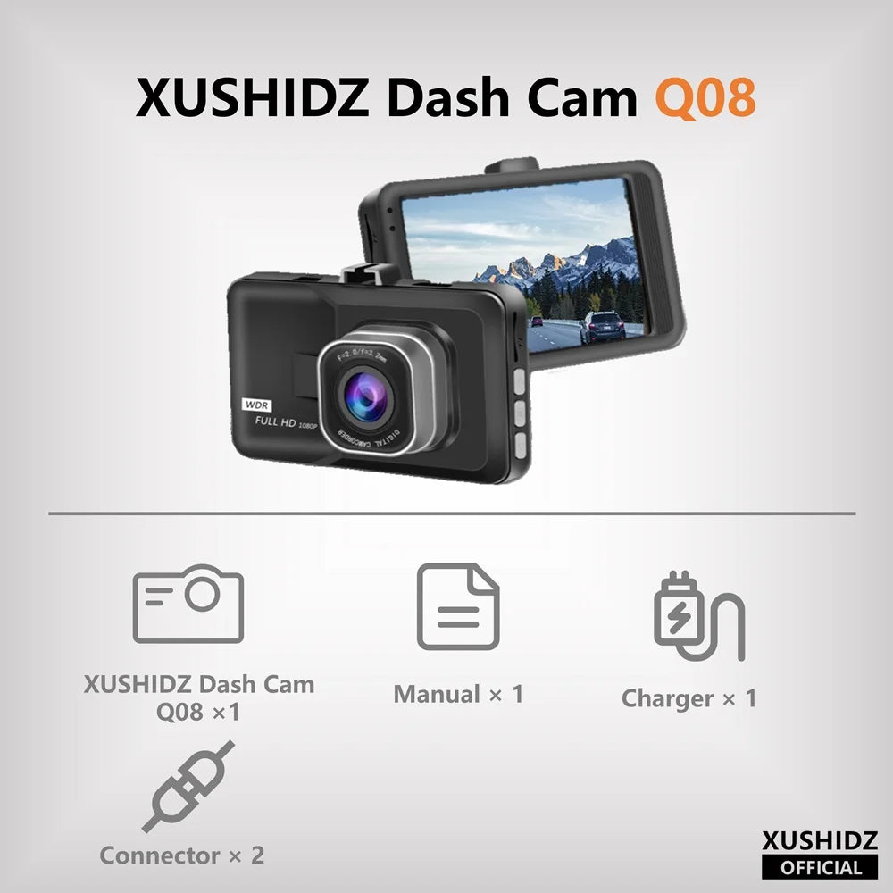 XUSHIDZ Q08 NEW 1080P HD  Car Vehicle DVR Video Recorder Dashcam 24h Parking Monitor G-sensor Dash Camera Loop Recording